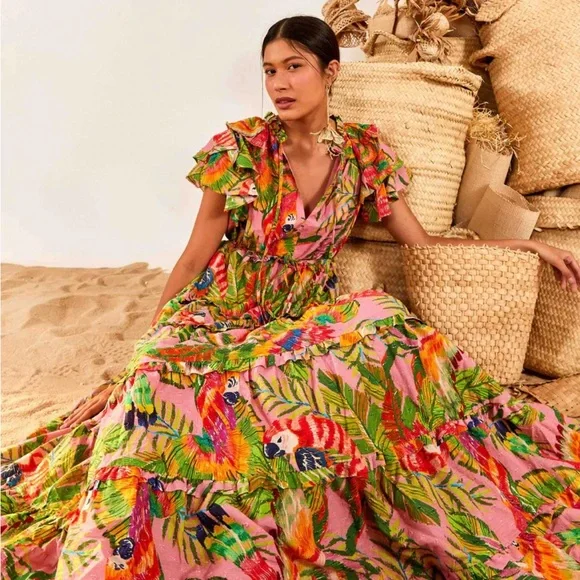 FARM Rio Green and Orange Resort Maxi Dress with Ruffled Tiers - Picture 2 of 5